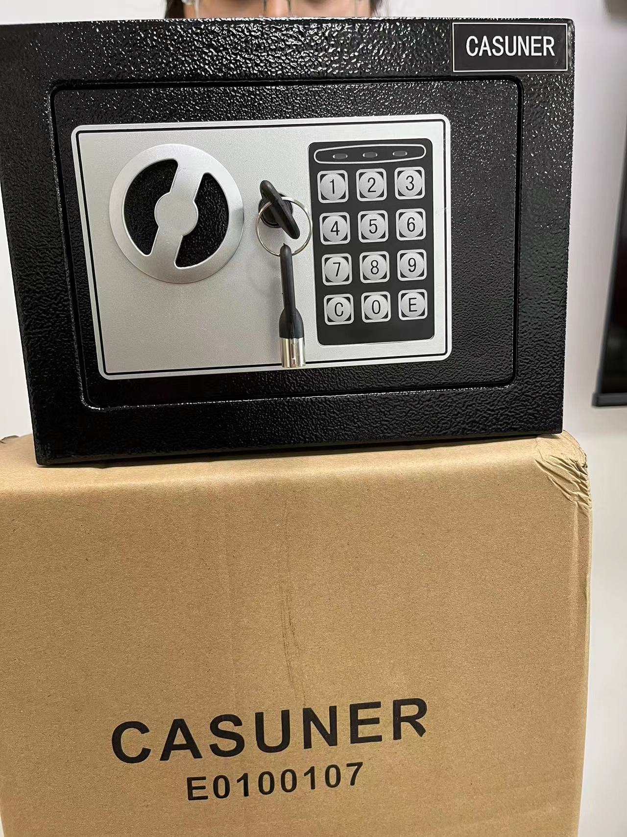 CASUNER - Electronic Safe Box with Keypad & Keys, Money Lock Boxes, Safety Boxes for Home, Office, Hotel Rooms,Business, Jewelry, Gun, Cash, Steel Alloy Drop Safe 9.1" x 6.7" x 6.7''
