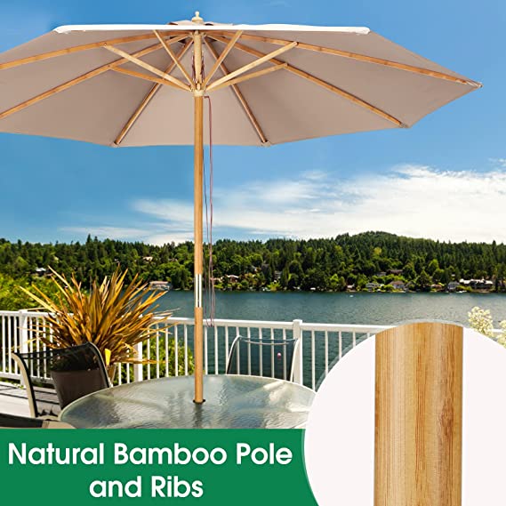 GnL Recsports 9FT Bamboo Outdoor Patio Outdoor Market Table Umbrella with Pulley Lift for Garden Yard, Beach, Deck, Lawn, Backyard