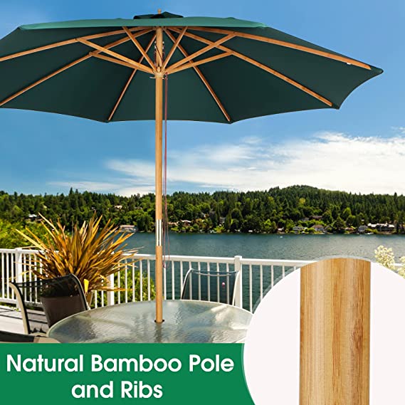 GnL Recsports 9FT Bamboo Outdoor Patio Outdoor Market Table Umbrella with Pulley Lift for Garden Yard, Beach, Deck, Lawn, Backyard